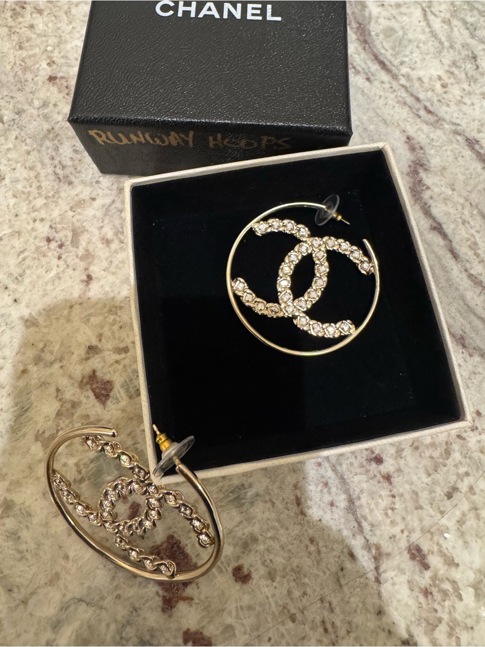 CHANEL Runway Gold CC Hoop Earrings with Crystal Detailing - Picture 3 of 5